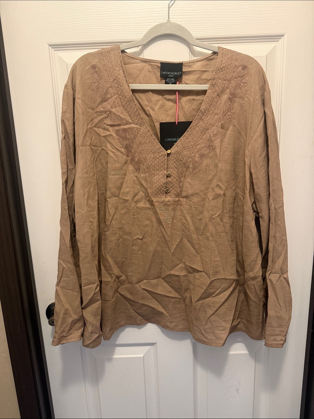 Cynthia Rowley Tan Embroidered V-Neck Blouse